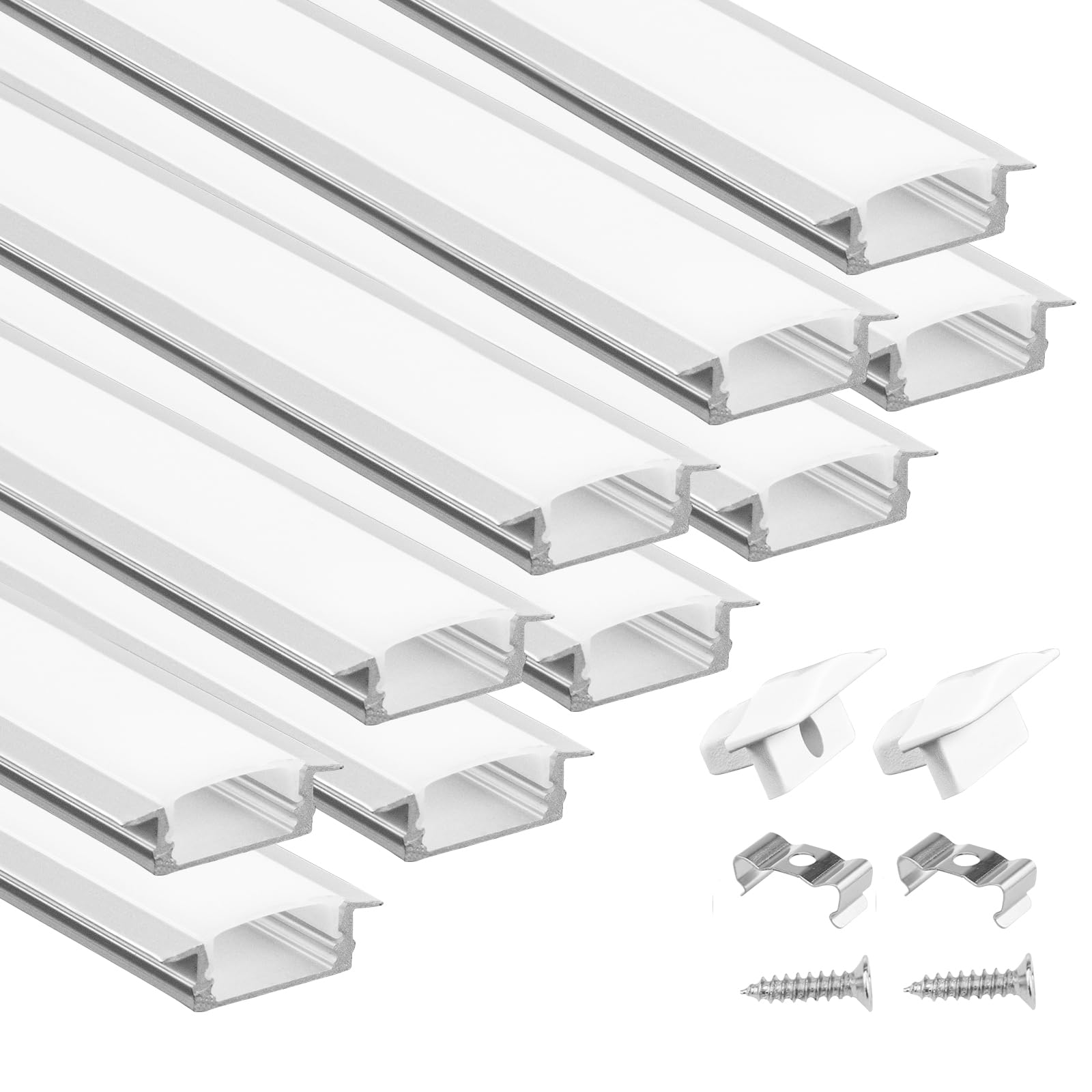 Muzata 10Pack 6.6FT/2M Recessed LED Channel U Shape Silver Aluminum LED Strip Diffuser Channel with Milky White Cover U127 WW 2M