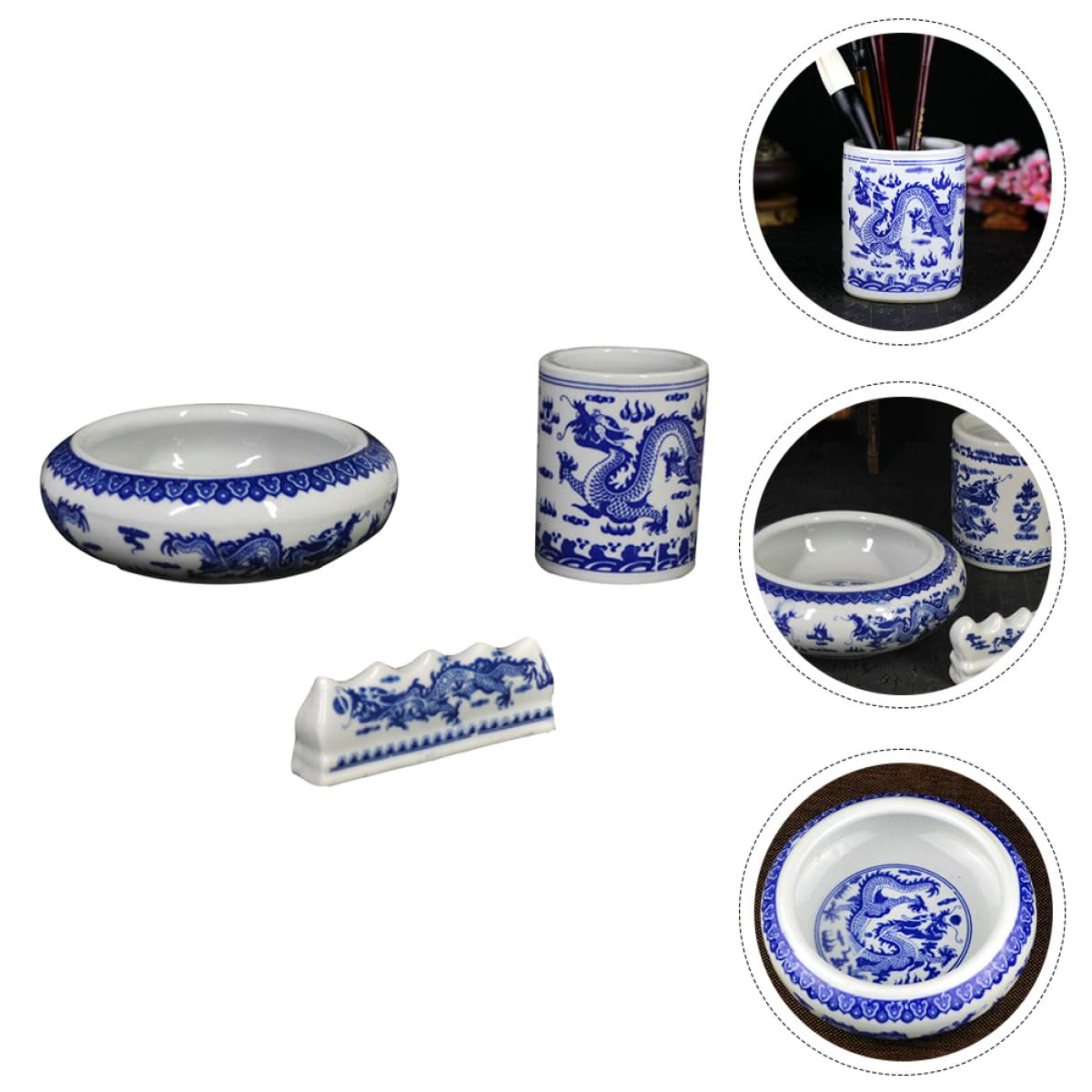 Homoyoyo Pot à Pinceaux En Céramique Bleu Et Blanc Petit, Bac De Lavage Multifunction, Cylindre De Rangement Pour Calligraphie, Accessoires Bureau Maison, Fournitures Scolaires