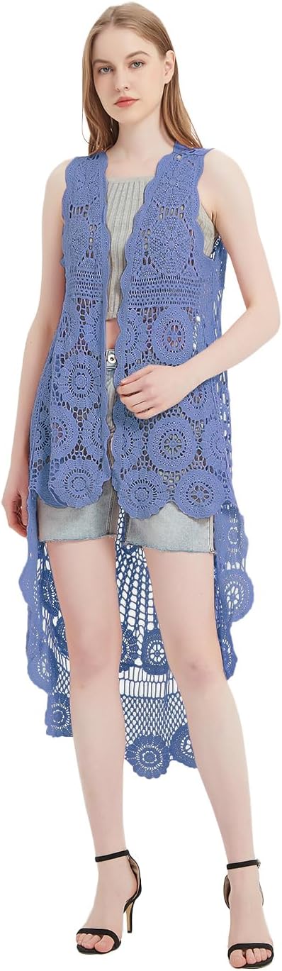 Anna-Kaci Womens Hippie Bohemian Floral Crochet Lace Trim Sleeveless Vest Cardigan