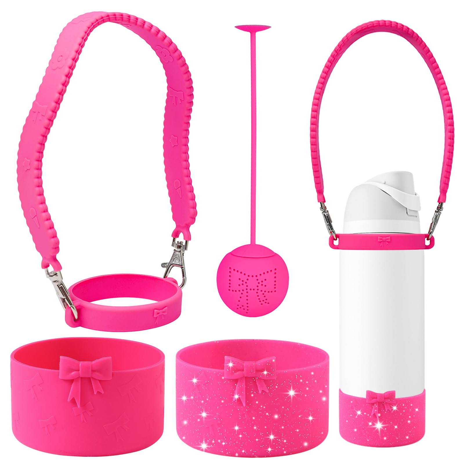GAISHION Silicone Bow Water Bottles Accessories Set for Owala 32 oz Water Bottles，Including Silicone Water Bottle Handle Strap, Silicone Boots,Silicone Tea Strainer - Rose