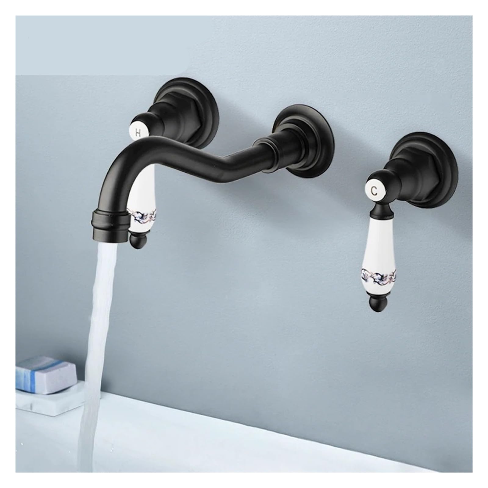 Grifo de pared negro mate de doble manija cerámica para lavabo y bañera de baño