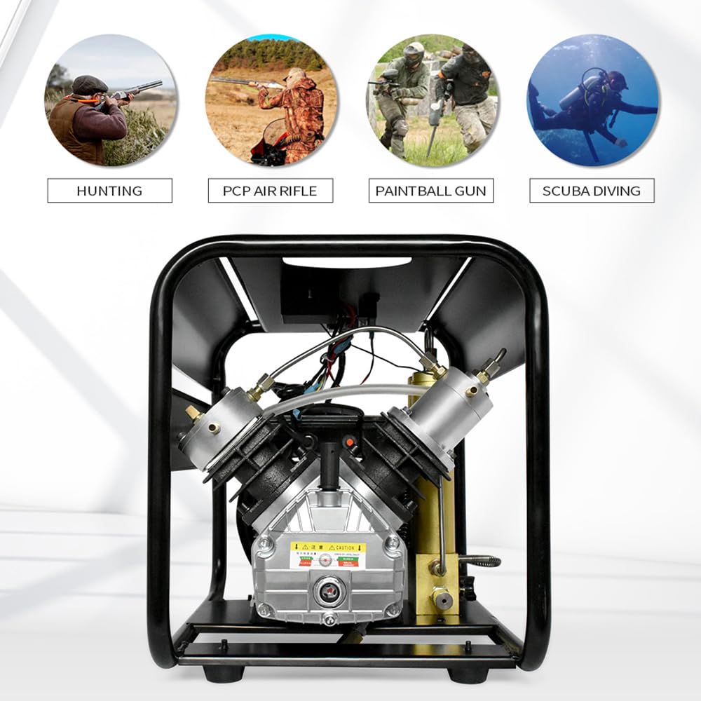 Compresor de aire PCP TUXING de 300 bar, con filtro separador de agua y aceite de dos etapas integrado, versión con parada automática, para recarga de tanques de paintball/buceo de 220 V (TXEDM042)