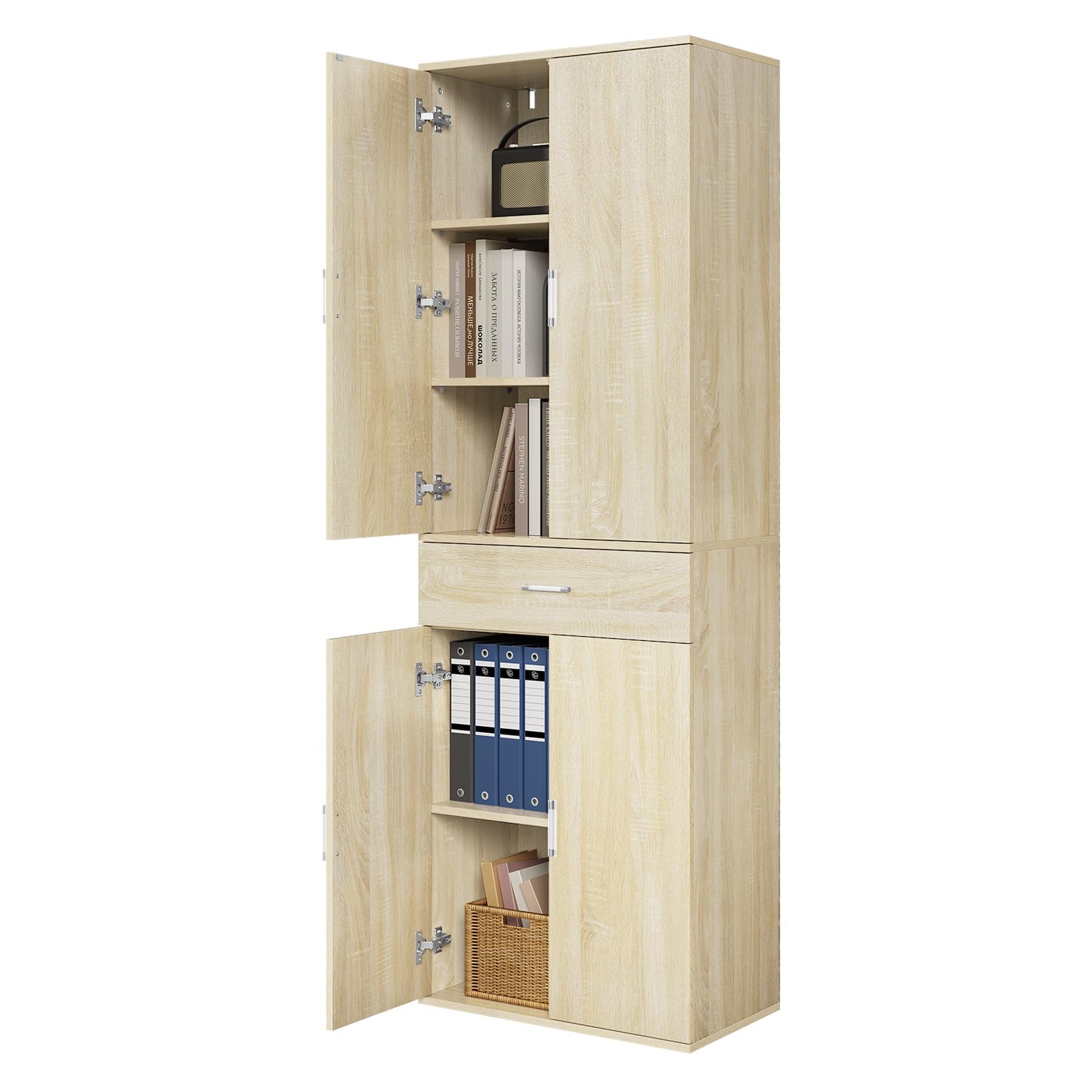 eSituro Armario de Oficina con Puertas, 60x34x180 cm, Roble Claro | Armario de Almacenaje con 1 Cajón y 5 Estantes, Estantes Ajustables