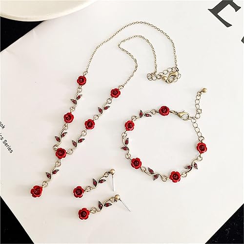 Miniatura 2 de Caiyao Lily of The Valley - Juego de collar de hojas de rosa y aretes colgantes para mujeres, mamá, amiga, madre, vintage, cadena de borla, collar