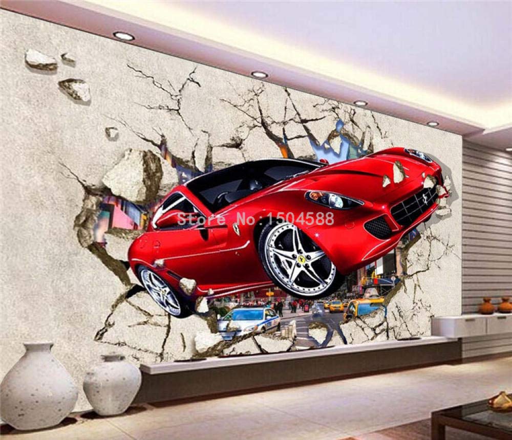 Mural 3D rouge voiture pour décorer un salon de style moderne