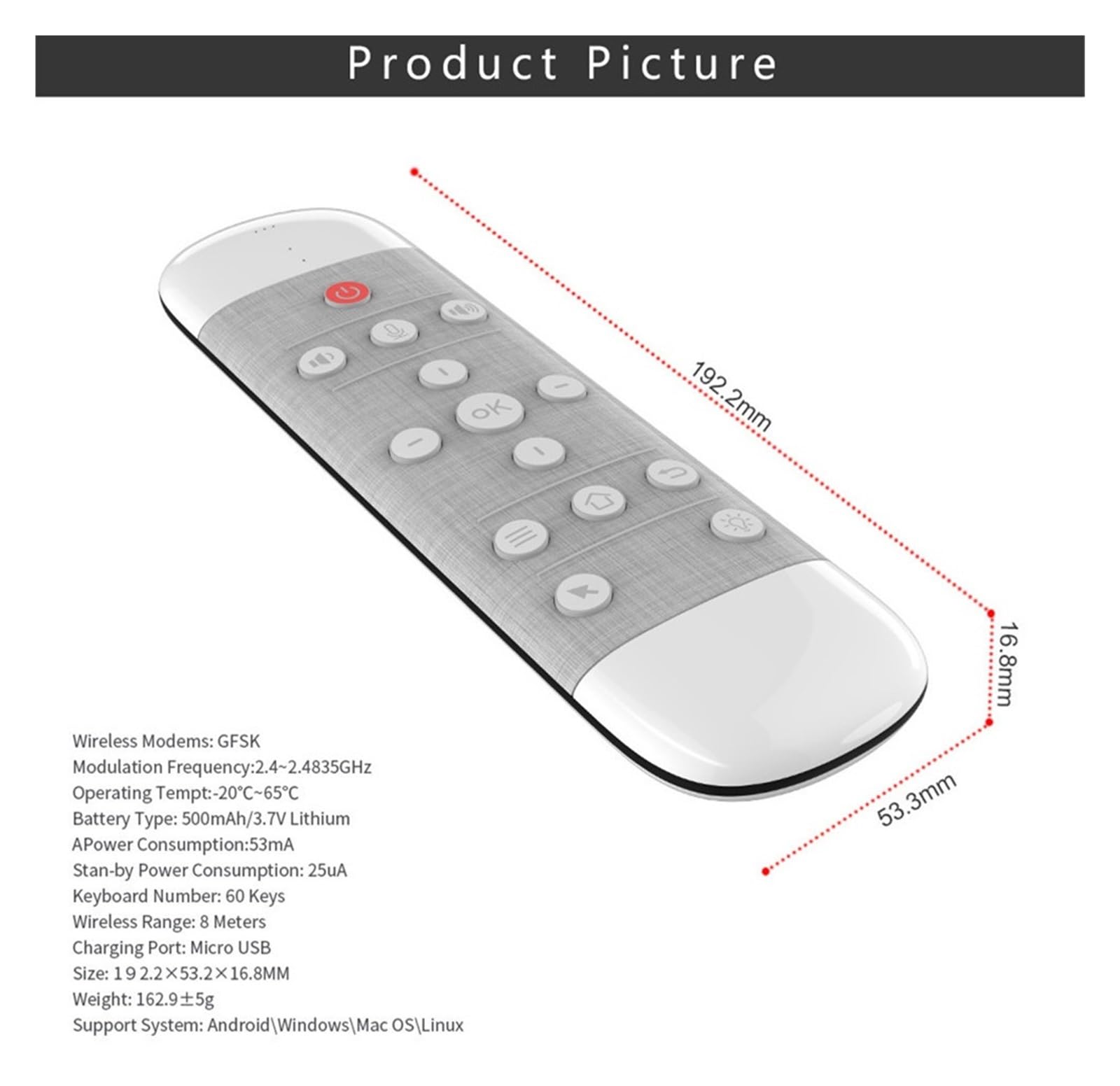 Télécommande vocale 2,4 G sans fil Air Mouse IR apprentissage micro gyroscope rétroéclairé pour Android TV Box (blanc)