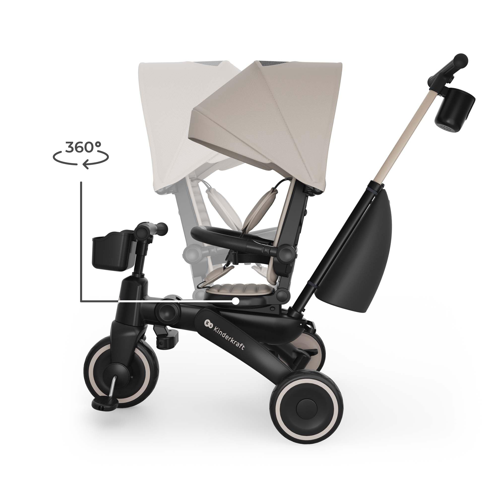 Kinderkraft Jazz 3 Triciclo, Asiento Giratorio 360°, posición semirreclinada, Plegable, Capota UPF 50+, Manillar para Padres, función de Bicicleta de Equilibrio, Beige