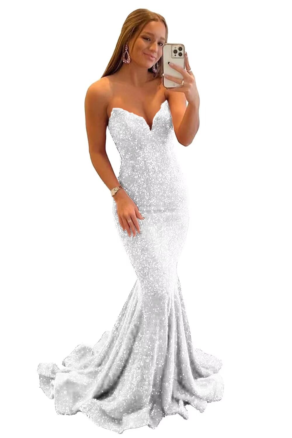 Basgute Sequin Mermaid Prom Dresses for Women Sparkly Long Sexy Strapless V Neck Bodycon Formal Evening Party Gowns