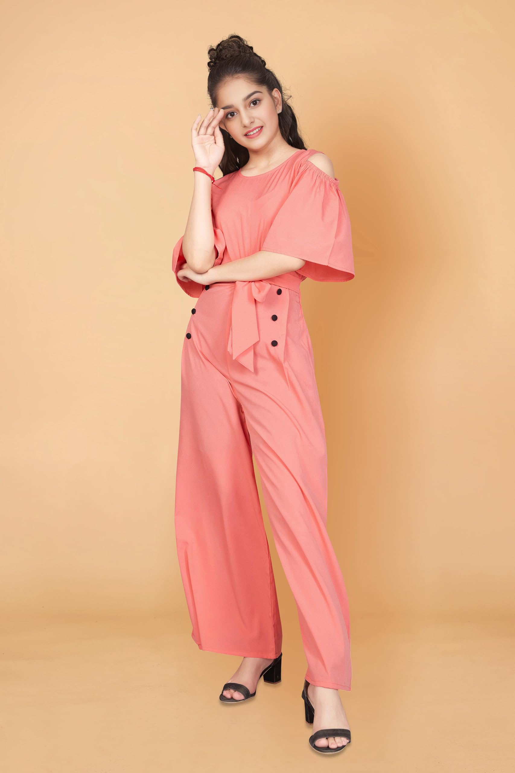 Fashion Dream Girls Cold Shoulder Flutter Sleeve Double Breasted Jumpsuit(7-8 Years) Peach 3