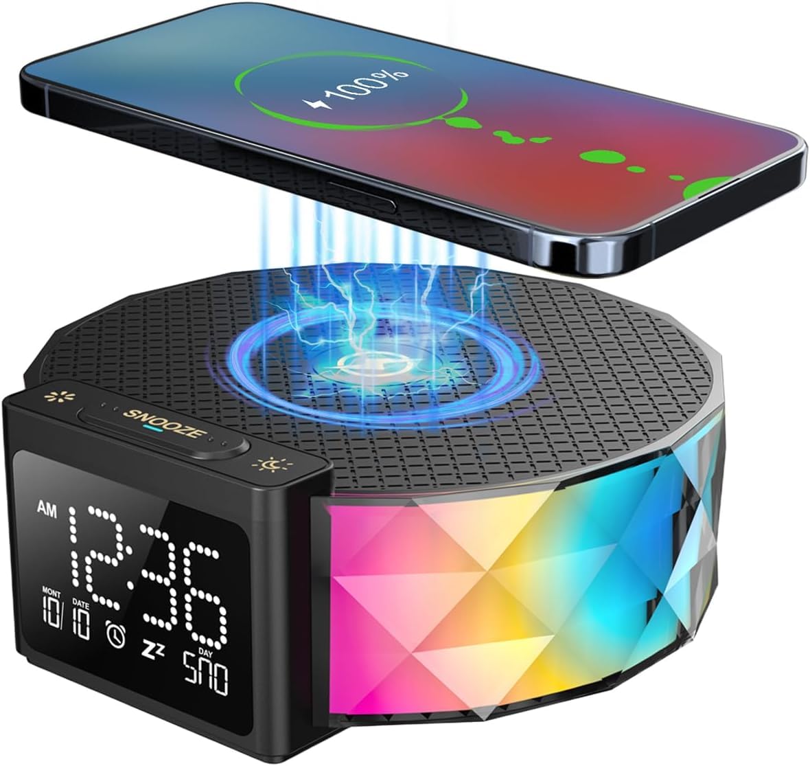 Nachttischlampe mit Ladefunktion RGB Dimmbar Touch Tischlampe Stimmungslicht 15W Wireless Charger Tageslichtwecker 3 Helligkeitsstufen Nachtlicht für Schlafzimmer Kinderzimmer Wohnzimmer Büro, Schwarz