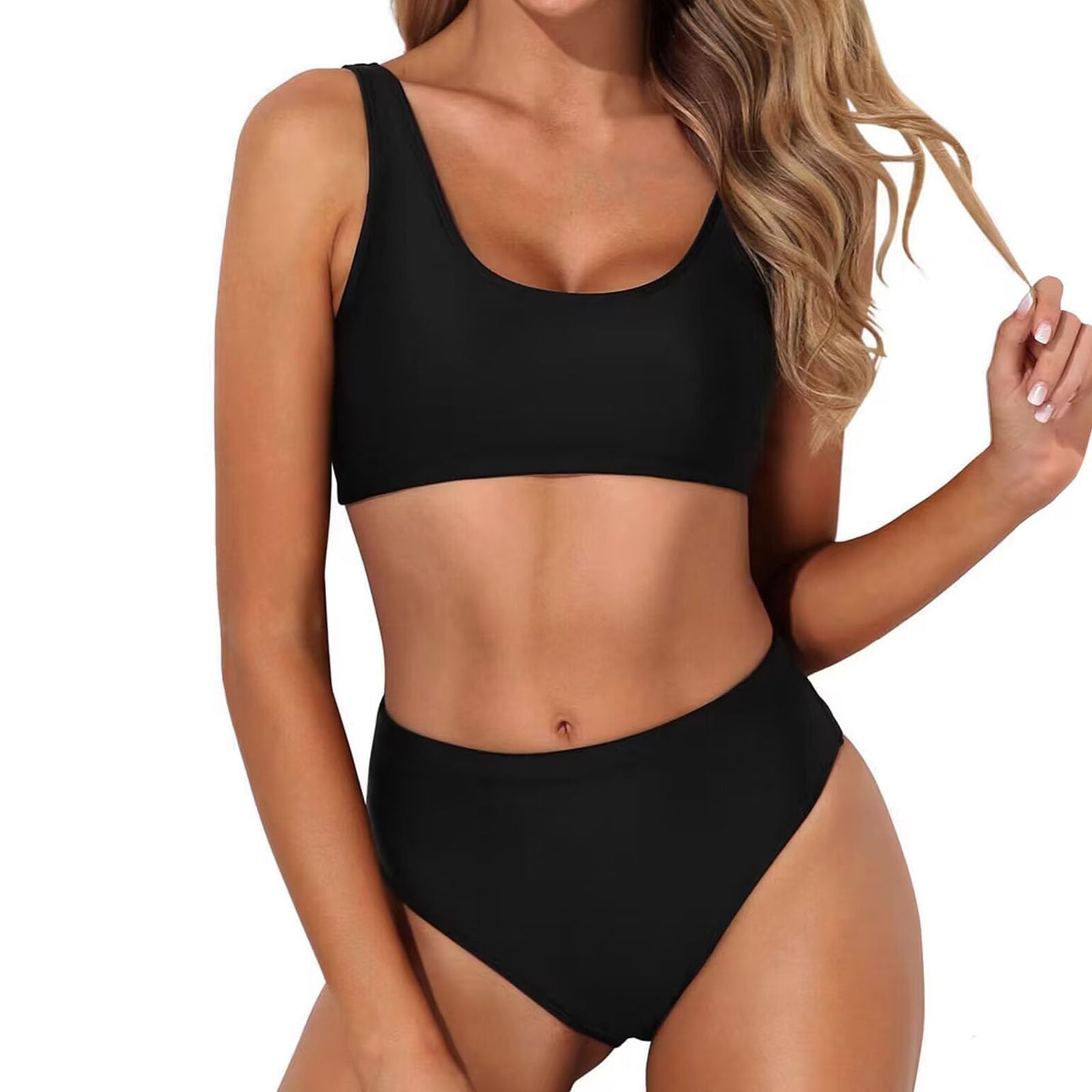 XUNRYAN 2024 Womens High Waisted Bikini Sets Sports Two Piece Swimsuits Solid Color Bathing Suits w High Cut