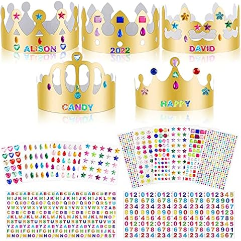 SPOKKI 25 PCS Paper Crown Golden Party Hats with 2208 Pieces Gem Stickers Jewels Stickers Rhinestone Numbers Crafts, Crown Party Making Kit and Crystal Stickers Self for Kids Adults Cover