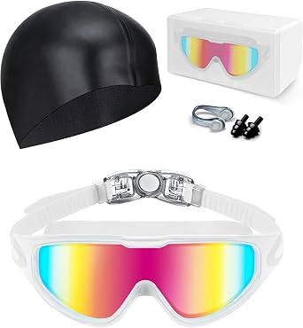 Swim Goggles, Anti Fog Anti UV, Wide View and No Leaking Swimming Goggles & Swim Cap for Men Women Adult Youth