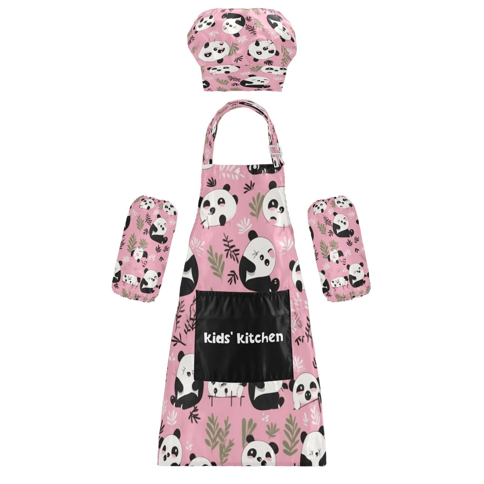 Bulletgxll Pink Panda Kids Apron and Chef Hat Set Adjustable Bib Aprons with Pockets for Cooking Baking Painting
