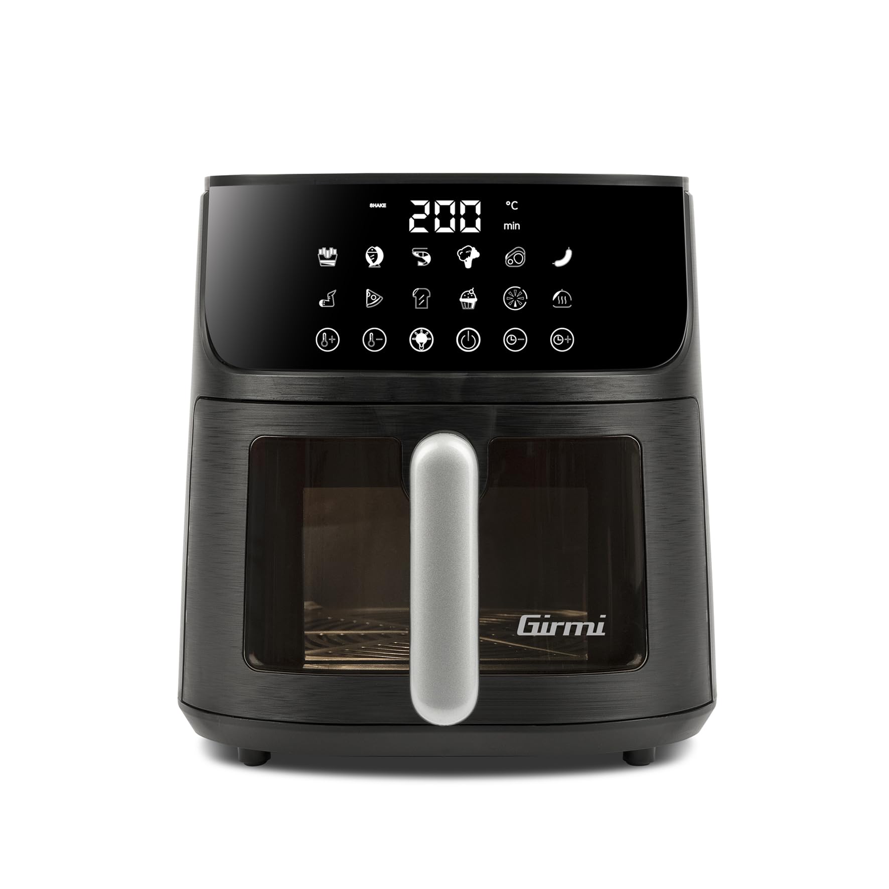 Girmi FG78 Friggitrice ad Aria con Finestra "Ecofrit Black", 6 Lt, 12 Programmi, 1500 W, Display Digitale, BPA/PFOA Safe, Luce Interna,Vassoio Antiaderente, Ricettario Incluso, Nero/Argento