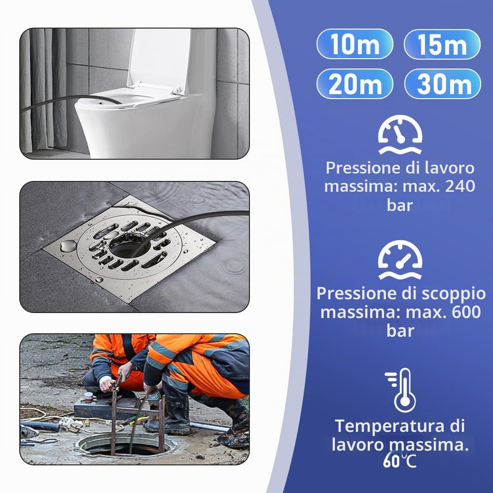 XIIW Sonda Sturatubi Idropulitrice 20m Compatibile con K2-K7, LAVOR, BOSCH | Tubo 240bar con 3 Adattatori, Dotato di Ugelli Rotanti e Fiss, Kit Tubazioni per la Pulizia e Disostruzione Tubi Scarico