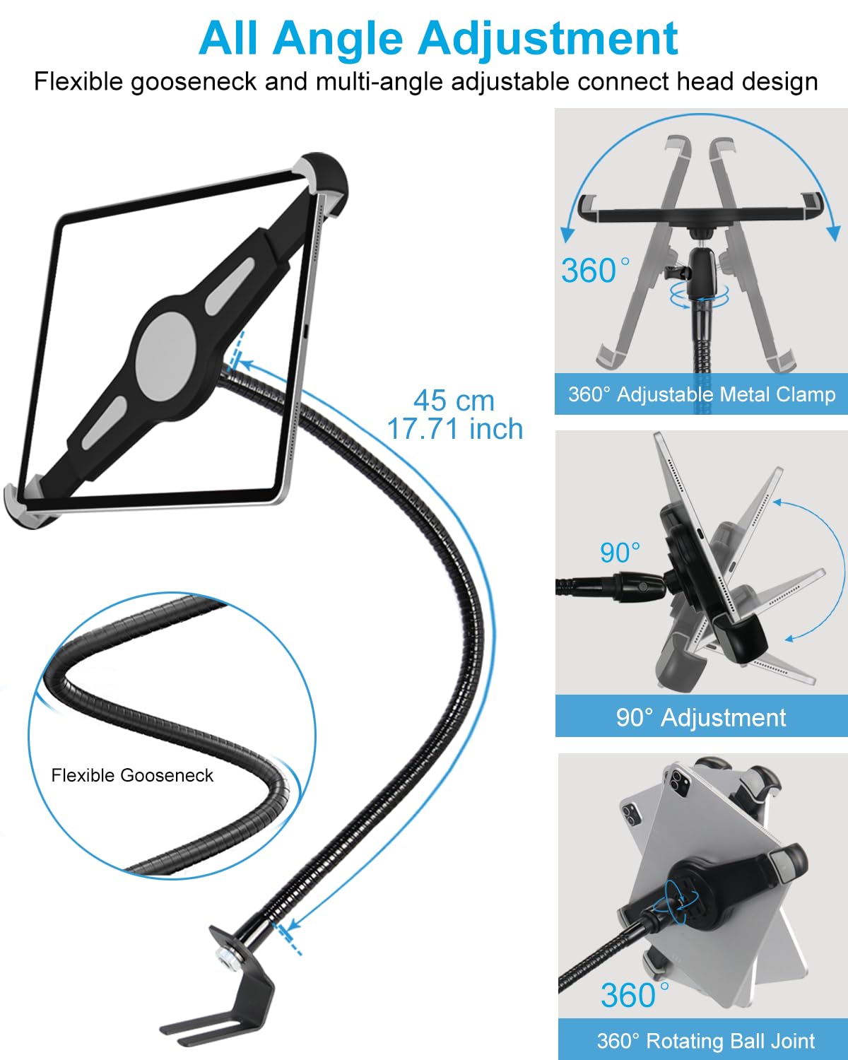Support de tablette col de cygne pour iPad de 9,5 à 14,5 pouces - Support de tablette robuste pour iPad Pro 11, 12,9 /Air, Galaxy Tabs, Surface Pro/Go, tablettes, autres appareils de 13"