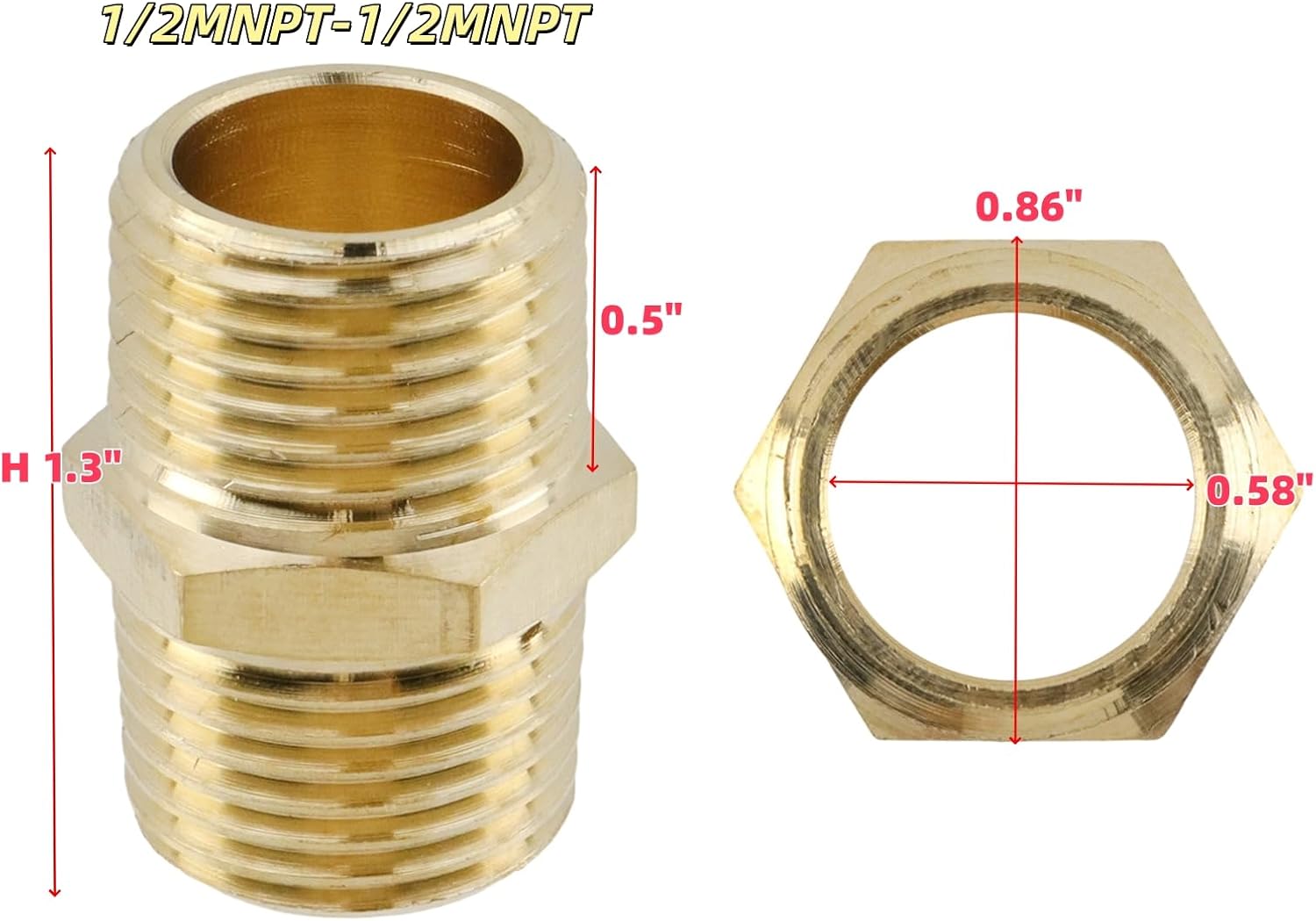 Brass Fittings 2Pcs, 1/2 NPT Male x 1/2 NPT Male, Barstock Street Pipe Connector, Forged Brass Fitting for Pipe Hose Line Connection, with 3.28Ft Sealing Tape