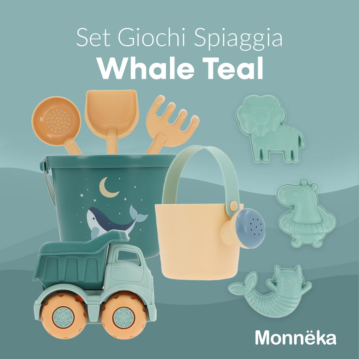 Set Giocattoli Spiaggia Bambini | Secchiello, Palette, Rastrello, Annaffiatoio, Camion | Giochi Mare Bambini 1 Anno, 2 Anni | Ecologico Senza BPA | Borsa Spiaggia | Whale Teal
