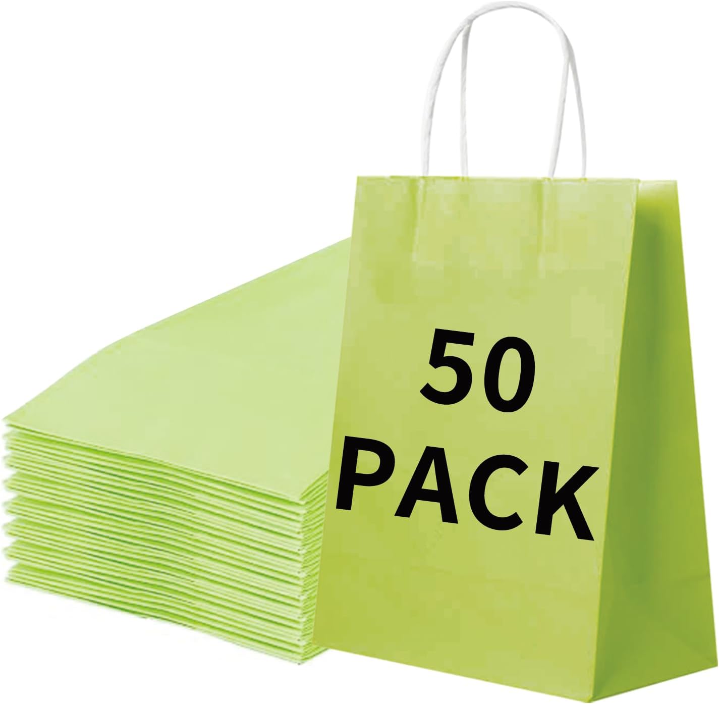 BAG BOX 50 Pack 8.25x4.3x10.6 Inch Green Gift Bags with Handles,Bulk Kraft Paper Bags for Shopping, Retail, Merchandise, Wedding, Party Favors, Paper Grocery Sacks