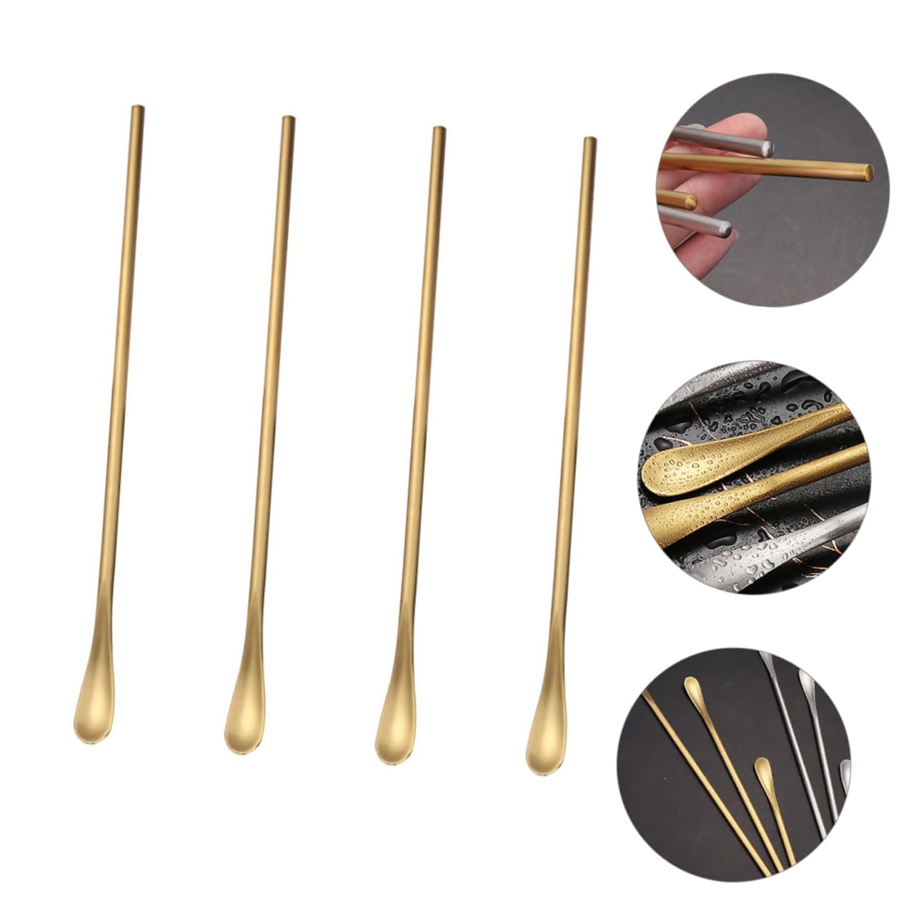 Mikinona 4pcs Ice Spoon Appetizer Drink Mixing Spoon Self Stirring Spoon Bar Stirring Spoon Beverage Stirrer Mini Spoons for Desserts Muddler Spoon Smoothie Spoon 304 Stainless Steel Golden