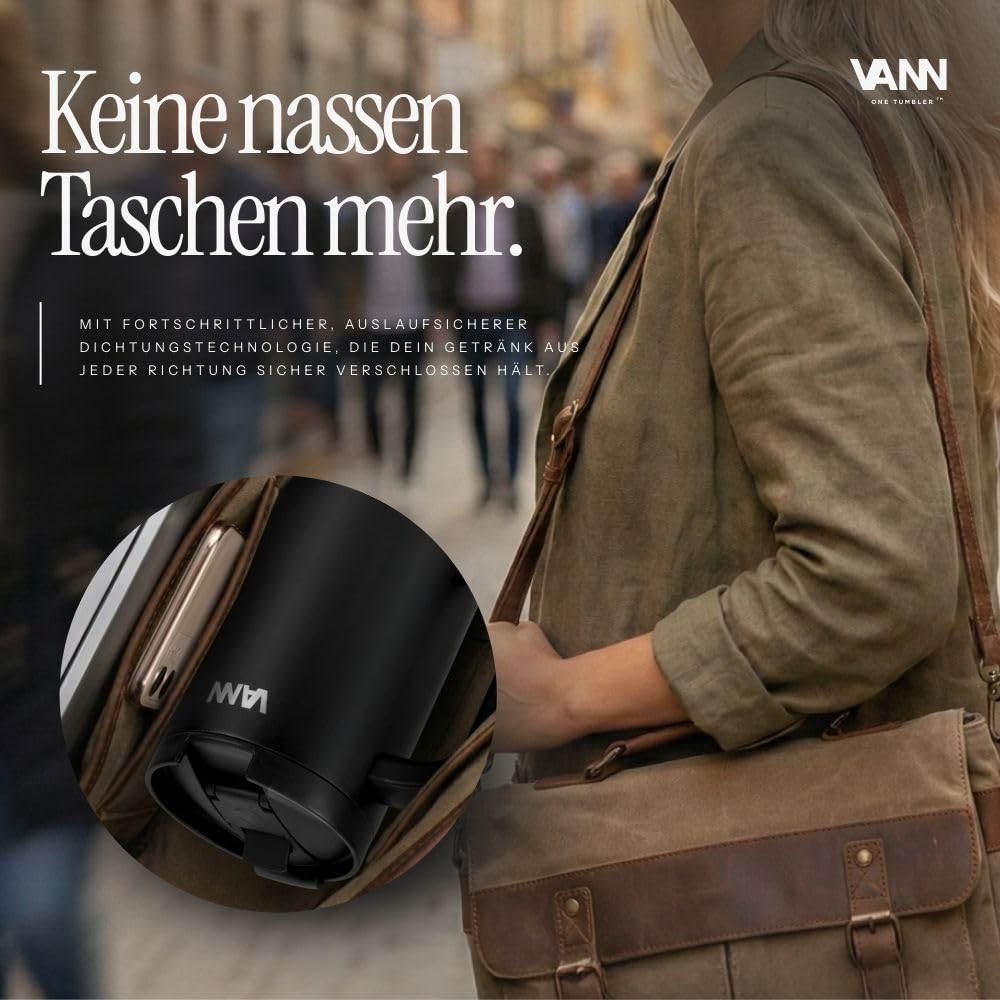 VANN Trinkflasche mit Strohhalm 1,2L - Tumbler zertifiziertem Edelstahl | 2-in-1-Deckel Trinkbecher Auslaufsicher & 3-fach Isolierung - Trinkbecher mit Deckel und Strohhalm [BPA-frei] - One Schwarz