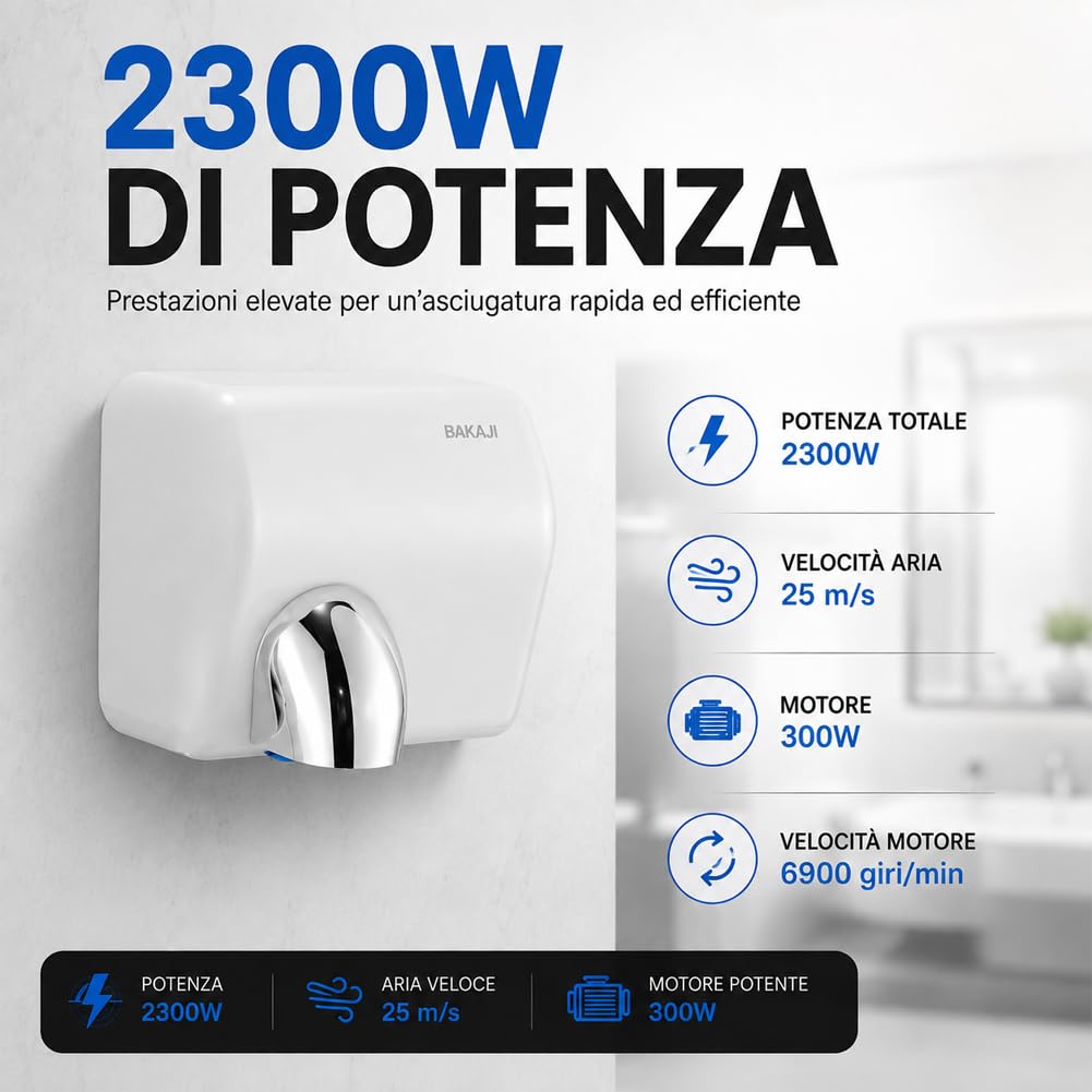 BAKAJI Secador de manos automático eléctrico de pared para hoteles, baños públicos, restaurantes, secador de manos de aire caliente de pared con sensor fotocélula, potencia 2300 W, secado a alta
