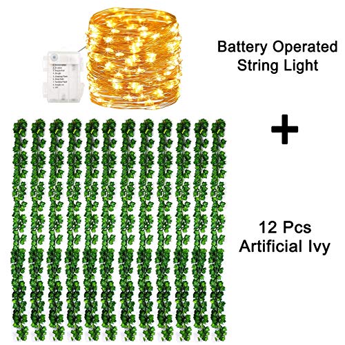 Kaszoo 84Ft 12 Pack Artificial Ivy Garland Fake Plants, Vine Hanging Garland With 80 Led String Light, Hanging For Home Kitchen Garden Office Wedding Wall Decor, Green #TOP2