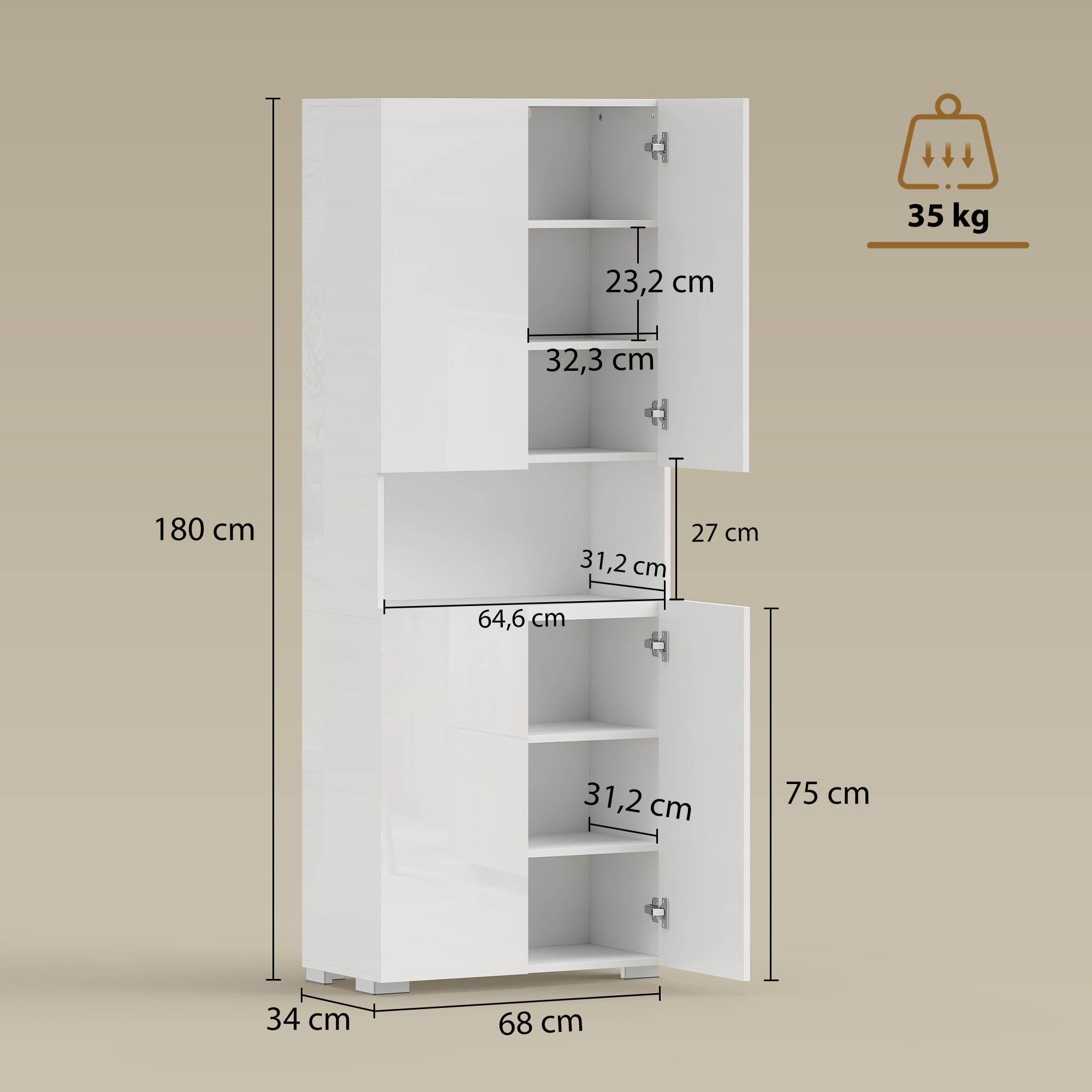 HOMCOM Küchenschrank Vorratsschrank Hochschrank mit Offenem Fach, 4 Türen, Verstellbaren Einlegeböden, Mehrzweckschrank mit Soft-Close-Funktion, für Esszimmer, Hochglanz Weiß 68x34x180cm