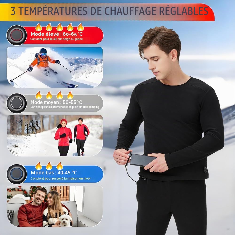 Ensemble de sous-vêtements Thermiques Chauffants pour Homme et Femme Chargement USB 42 Zones Intelligent, pour l'hiver et Le Froid & S/4XL