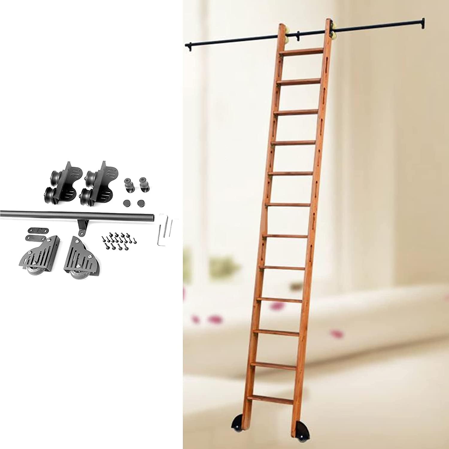 LWJSOCP Rolling Ladder Hardware Kit Rustic Black Steel Sliding Library Ladder Hardware 3.3Ft-20Ft Kit (No Ladder), Stand up Rolling Library Ladder Hardware Kit + Floor Roller Wheels/20Ft/600Cm Track