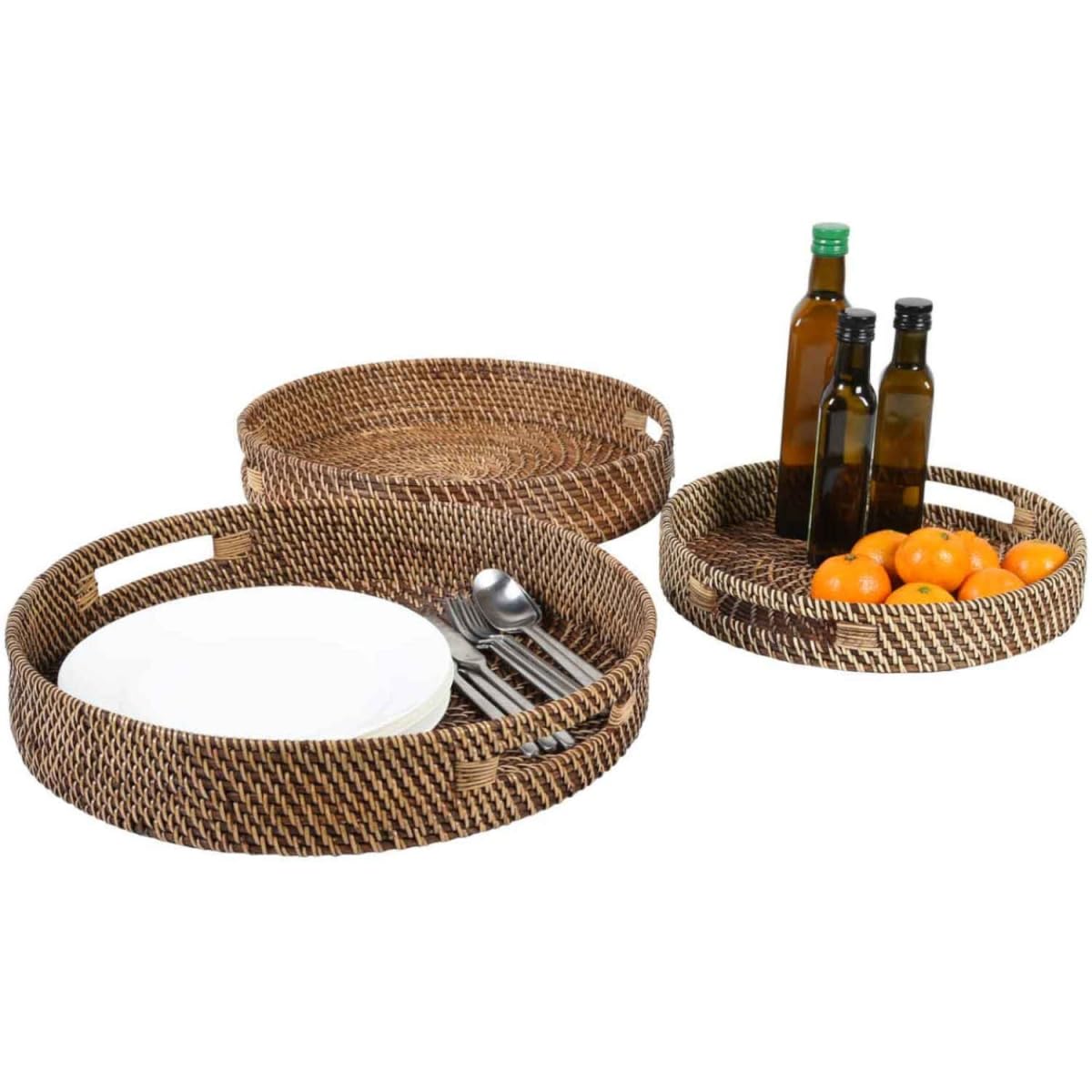 Rattan-Serviertablett BEA L rund Rattan geflecht handgefertigt dekoratives Tablett für Getränke, Frühstück, Tee, Service | Boho Chic Servierteller Deko-Tablett Ø 36cm LOM20042