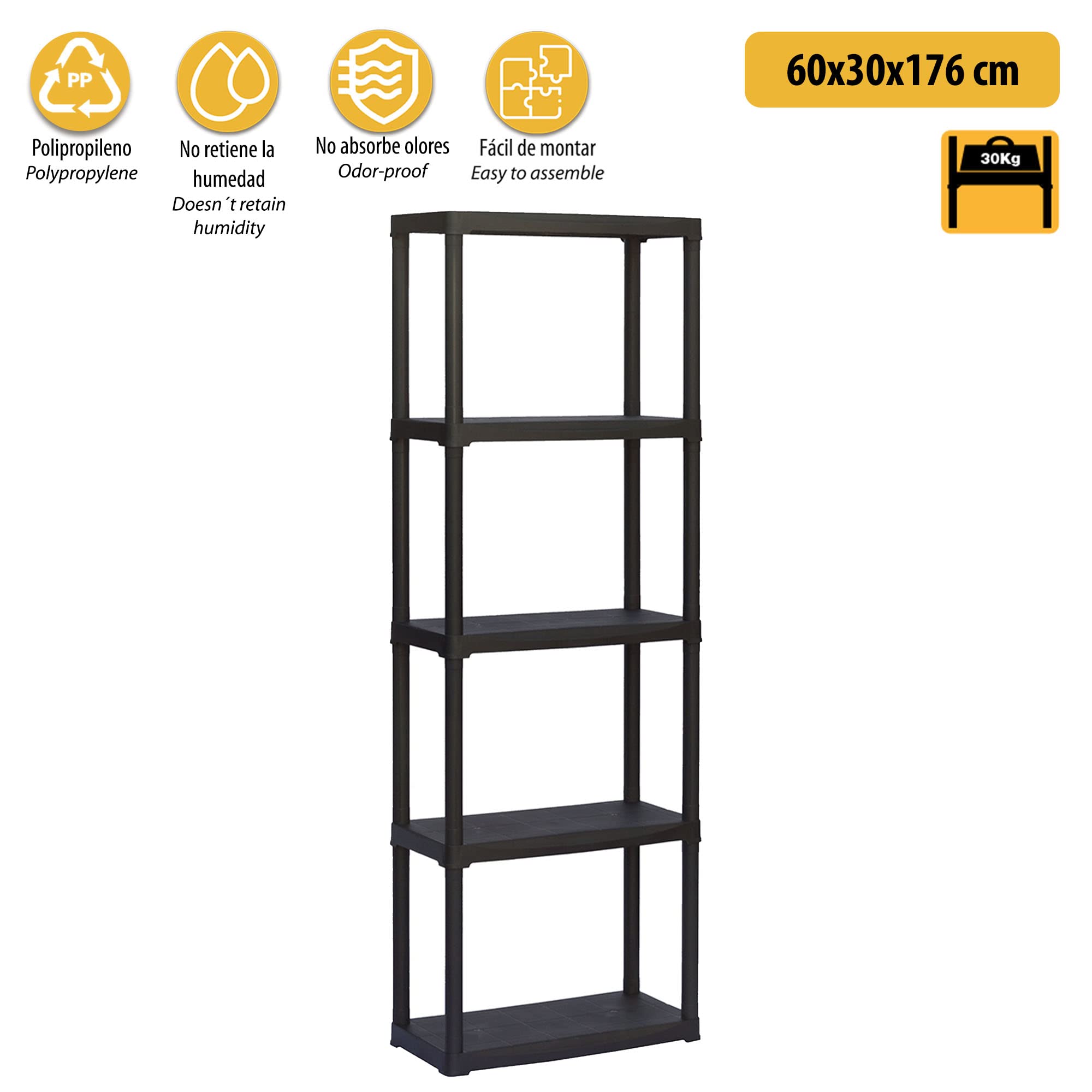 Scaffale in plastica 5 ripiani, mis. 600 L x 300 P x 1760 H mm