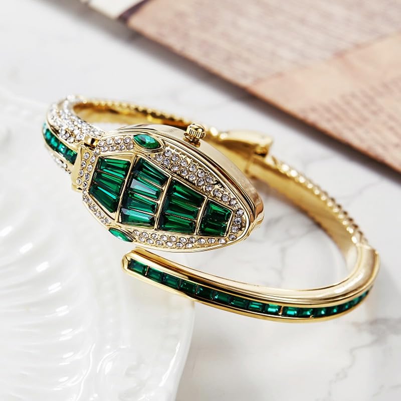 Image of Women's Gold Bracelet Watch | Snake Coil Cuff Style | Crystal Studded Oval Dial | Elegant Jewellery Watch for Women & Girls | Party, Wedding & Festive