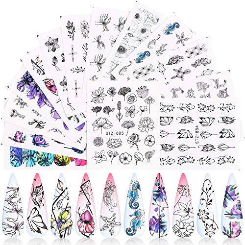 Flowers Nail Art Stickers, KISSBUTY 14 Sheets Watercolor Flowers Nail Water Transfer Stickers Wraps Adhesive Flowers Nail Art Tattoos DIY Nail Decals