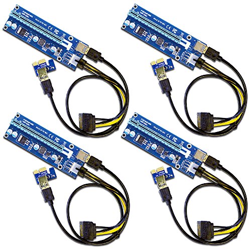 4-Pack PCIe 6-Pin PCI-E 16x to 1x Powered Riser Adapter Card w/ 60cm USB 3.0 Extension Cable & 6-Pin PCI-E to SATA Power Cable - GPU Riser Adapter - Ethereum Mining ETH