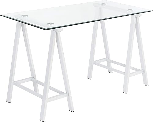 OSP Home Furnishings Middleton Escritorio de 47 pulgadas con parte superior de vidrio biselado transparente, base blanca