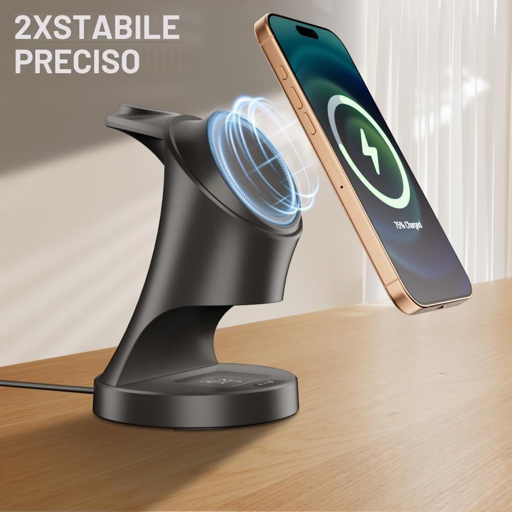 Stazione di ricarica per Apple Watch e iPhone, stazione di ricarica induttiva 3 in 1 con caricatore Magsafe Wireless Charger compatibile con iPhone 17 16 15 14 13 12 Air/Pro Max, per Apple Watch e
