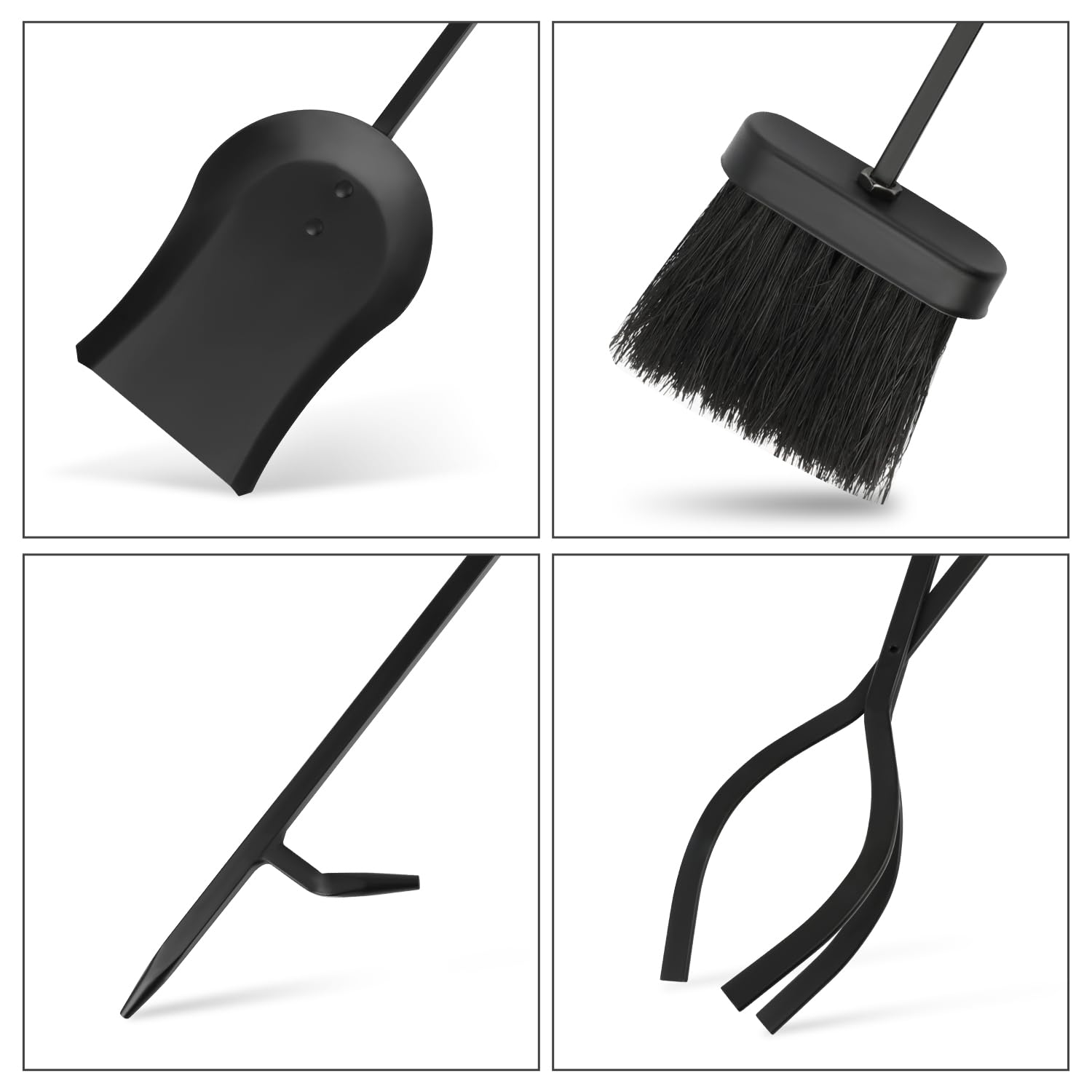 Kaminbesteck aus robustem Stahl, 5-teiliges Set mit Holzzange, Ascheschaufel, Schürbürste und Ständer, langlebig, hitzebeständig und rostfrei, modernes schwarzes Design für den Innen- und