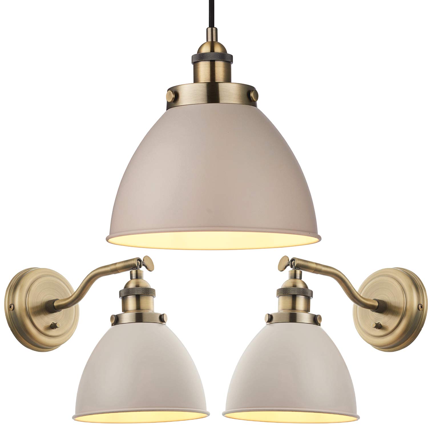 Loops Ceiling Pendant Lamp & 2X Matching Wall Light Pack Industrial Grey Brass Shade