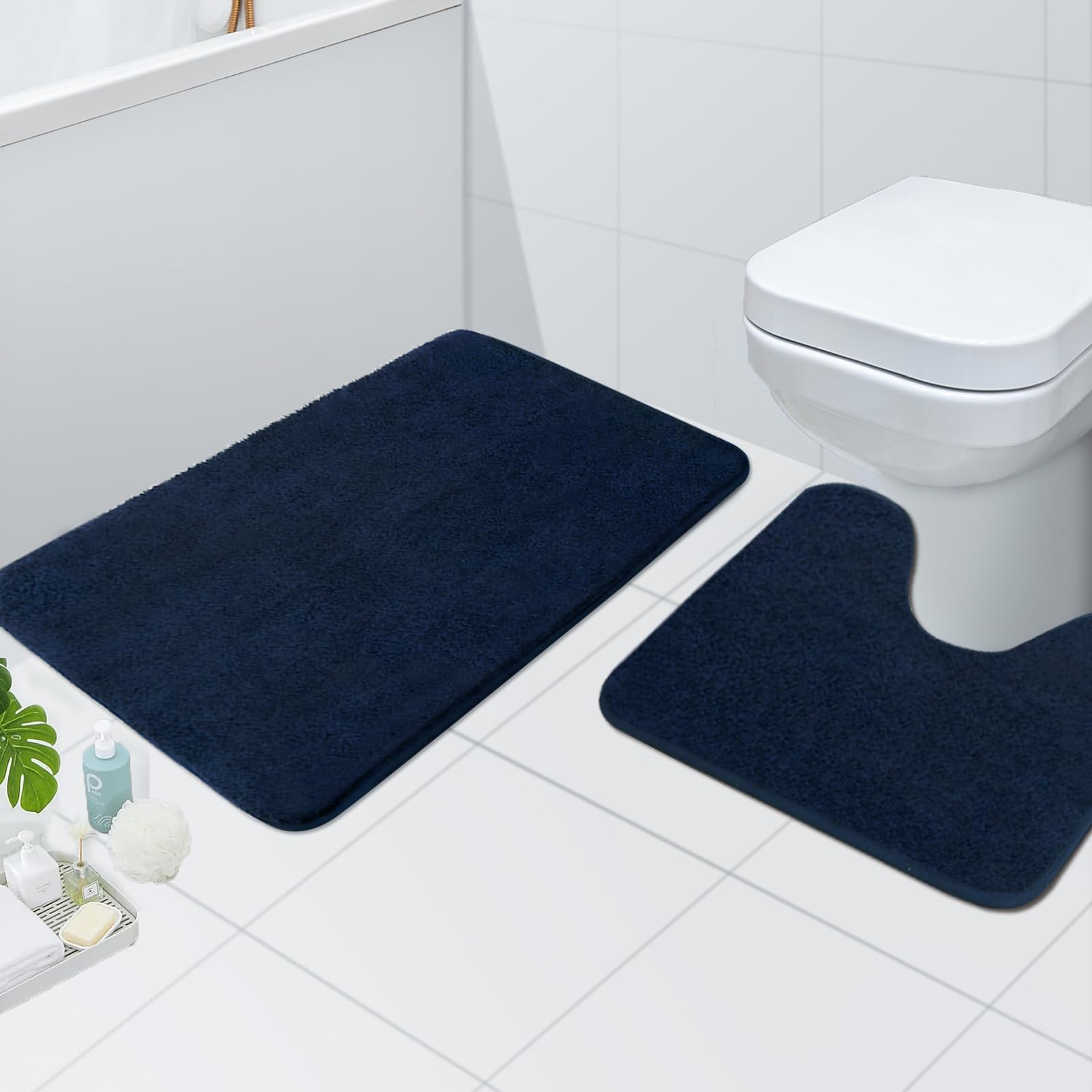 Rururug Soft Bath Mat Set of 2 - Super Absorbent & Non-Slip Bathroom Mats with TPR Backing, Machine Washable - 50x80cm + 50x50cm Rug Set for Shower & Toilet Floor (Navy) - Image 2