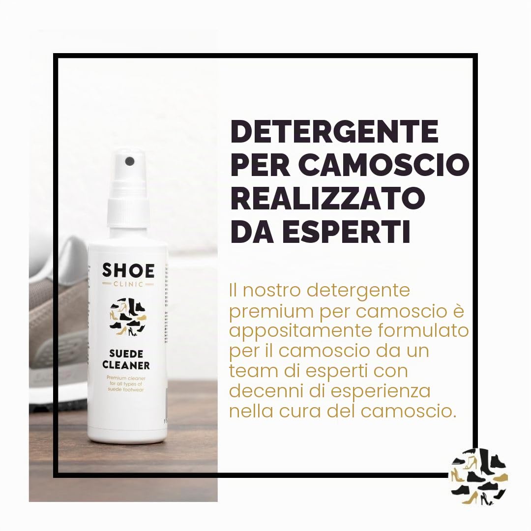 Shoe Clinic Kit per la pulizia delle scarpe in camoscio e nabuk | Detergente per camoscio e spray protettivo con spazzola in pelle scamosciata | Pulisce, protegge e cura