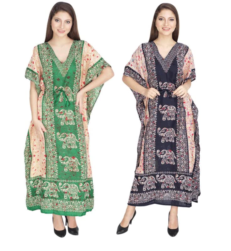 combo pack of 2 women's polyester kaftan dress beach cover up ladies nightwear nighty gown robe v-neck cover up dress (free size, multicolor)