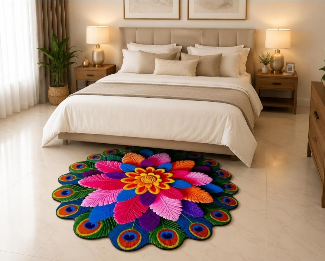 Peacock Feather Rangoli Floor Mat for Diwali Decoration | Colorful Floral Rangoli Mat | Reusable Decorative Floor Mat for Entrance, Living Room, Pooja Room & Home Decor 80×80cm-image-47