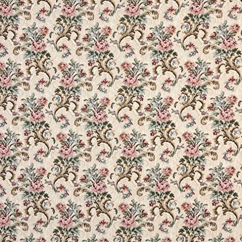 Pink Beige and Green Floral Tapestry Upholstery Fabric by The Yard - SKU: Theodore Rose Mist