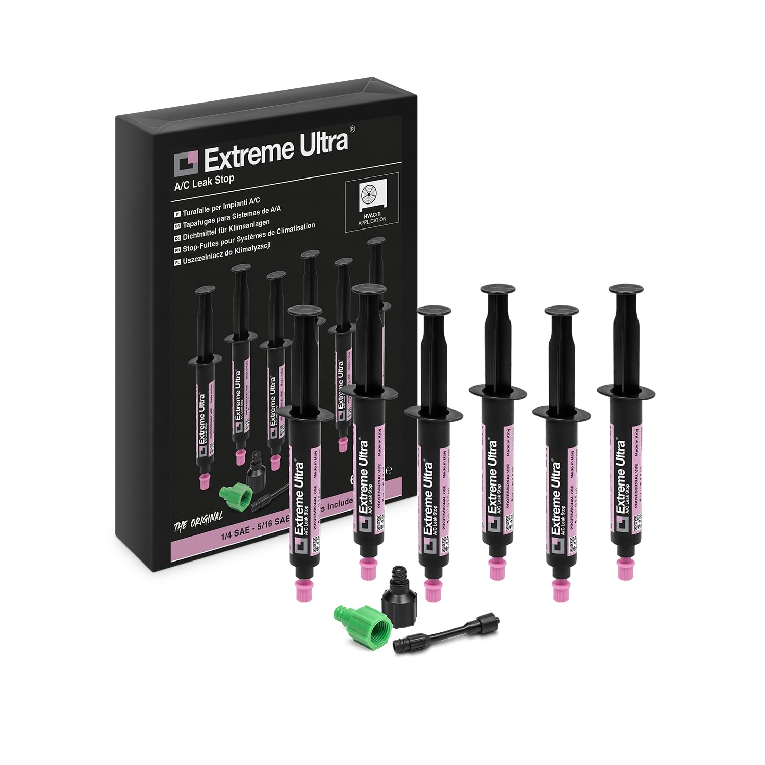 ERRECOM Extreme Ultra - 6 x 6 ml, Stop-Fuites pour Systèmes de Climatisation et Réfrigération, contient adaptateurs 1/4 SAE et 5/16 SAE (R410a, R32)