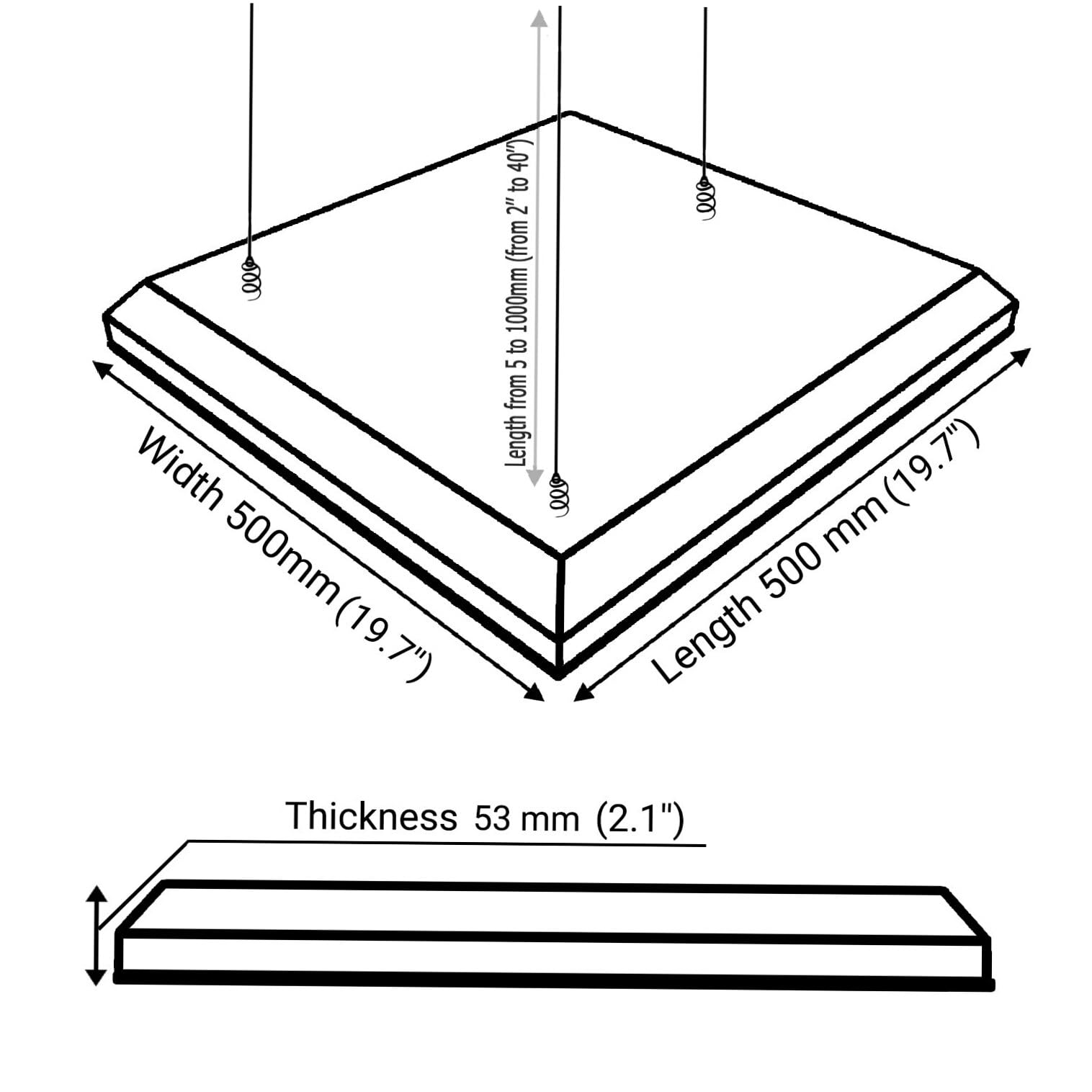 Pack de 2 paneles acústicos de difusión y absorción para techo con terciopelo y kit de montaje | 50x50x5cm | Panel colgante | Tratamiento acústico para el hogar | [SKYROSS - Negro | Gris]