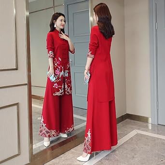 Chinese Styles Women Hanfu Qipao Two Pieces China Traditional Clothing Pants Set Suit Robe Orientale Clothes