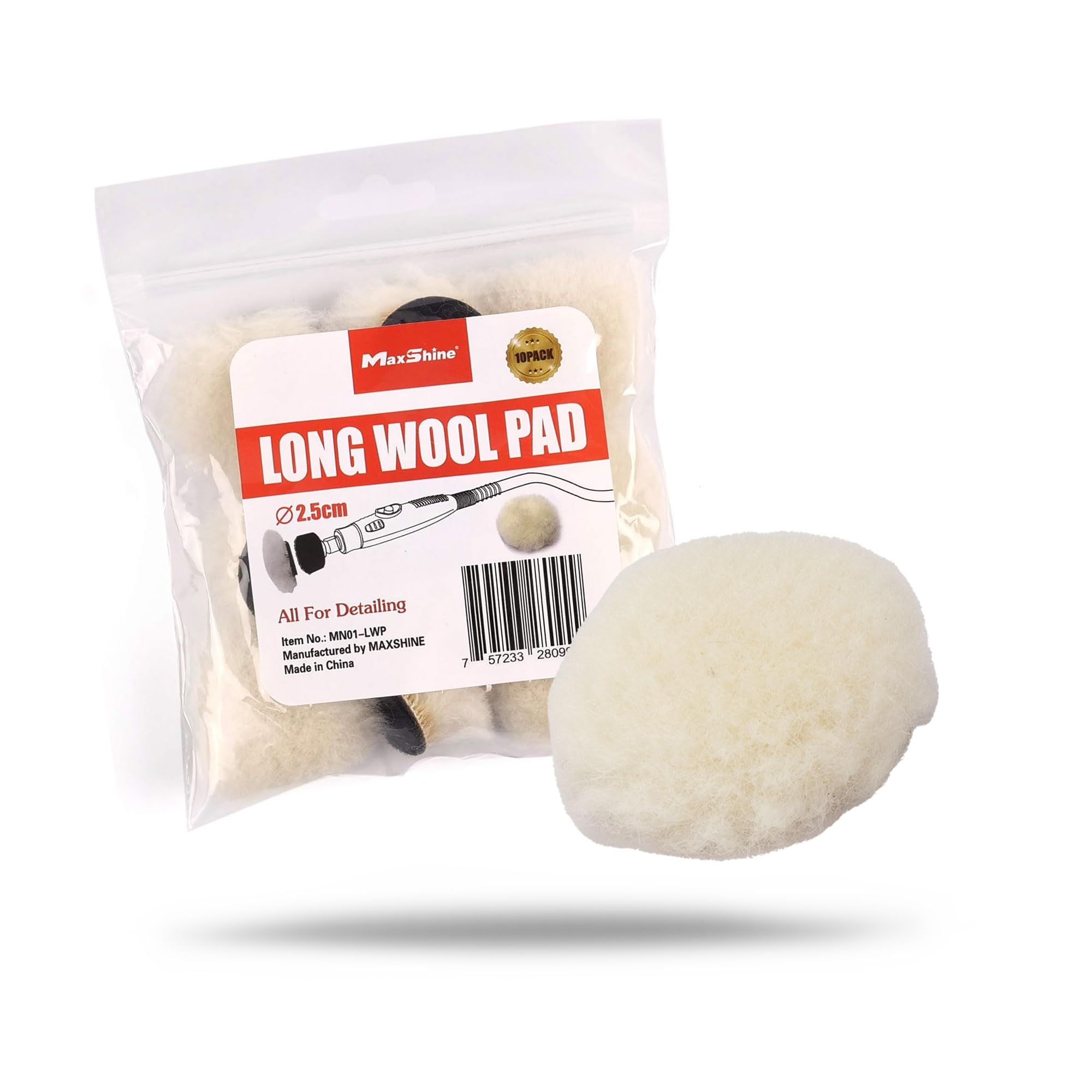 Maxshine Universal 10 Pieces MN01 Mini Polisher and Accessories - 2.5cm (0.98”) Long Wool Pads, Perfect for Buffing &amp; Polishing Small Areas, Ideal for Professional Car Detailing