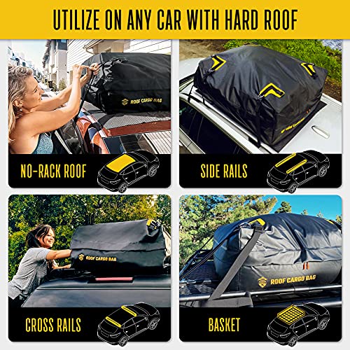 Car Top Carrier Roof Bag + Protective Mat - 100% Waterproof & Coated Zippers 20 Cubic ft - for Cars with or Without Racks